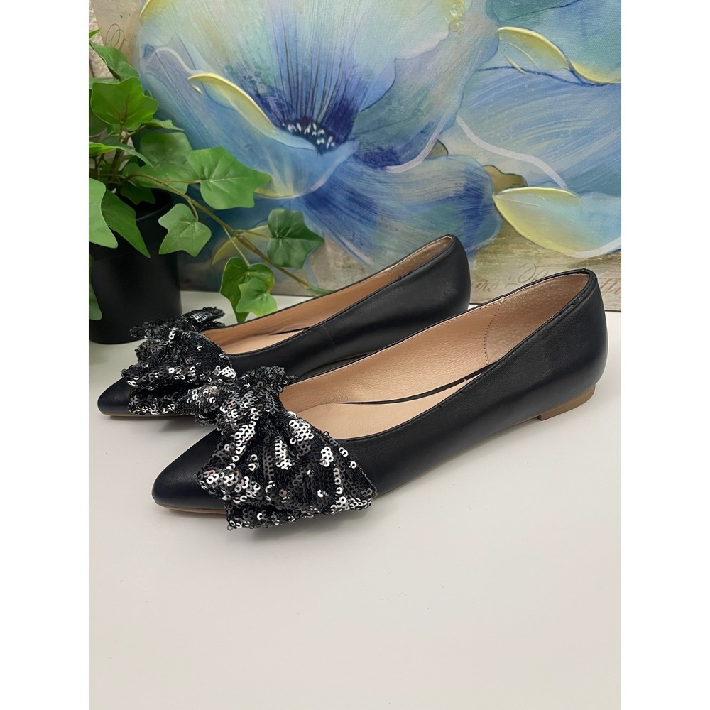 Jack Rogers Debra Black Leather Point Toe Sequin Bow Ballet Flats in Black 6.5 - Picture 6 of 13